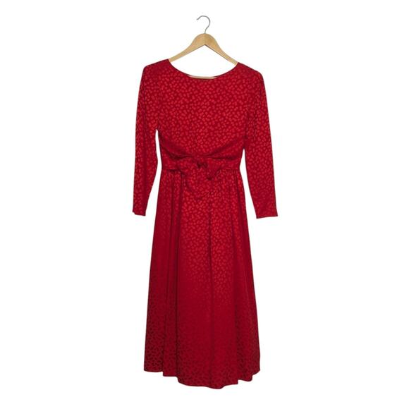 Vintage Front Tie Red Satin Leopard Print Midi Dress Long Sleeve VTG Women Small - Picture 1 of 4